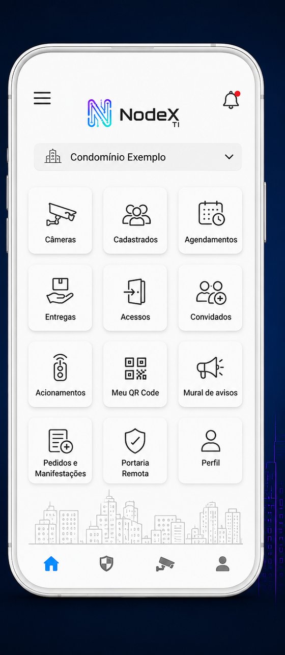 Tela inicial do App do Morador Nodex TI, com atalhos para câmeras, acessos, encomendas, reservas e portaria remota