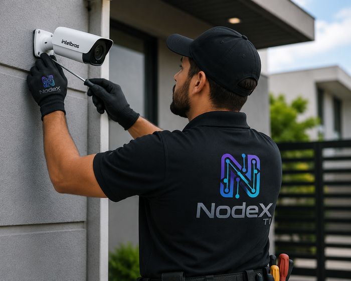 Técnico Nodex TI instalando câmera de CFTV Intelbras