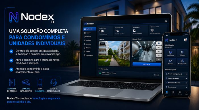 Painel de gestão em laptop e aplicativo do morador no celular